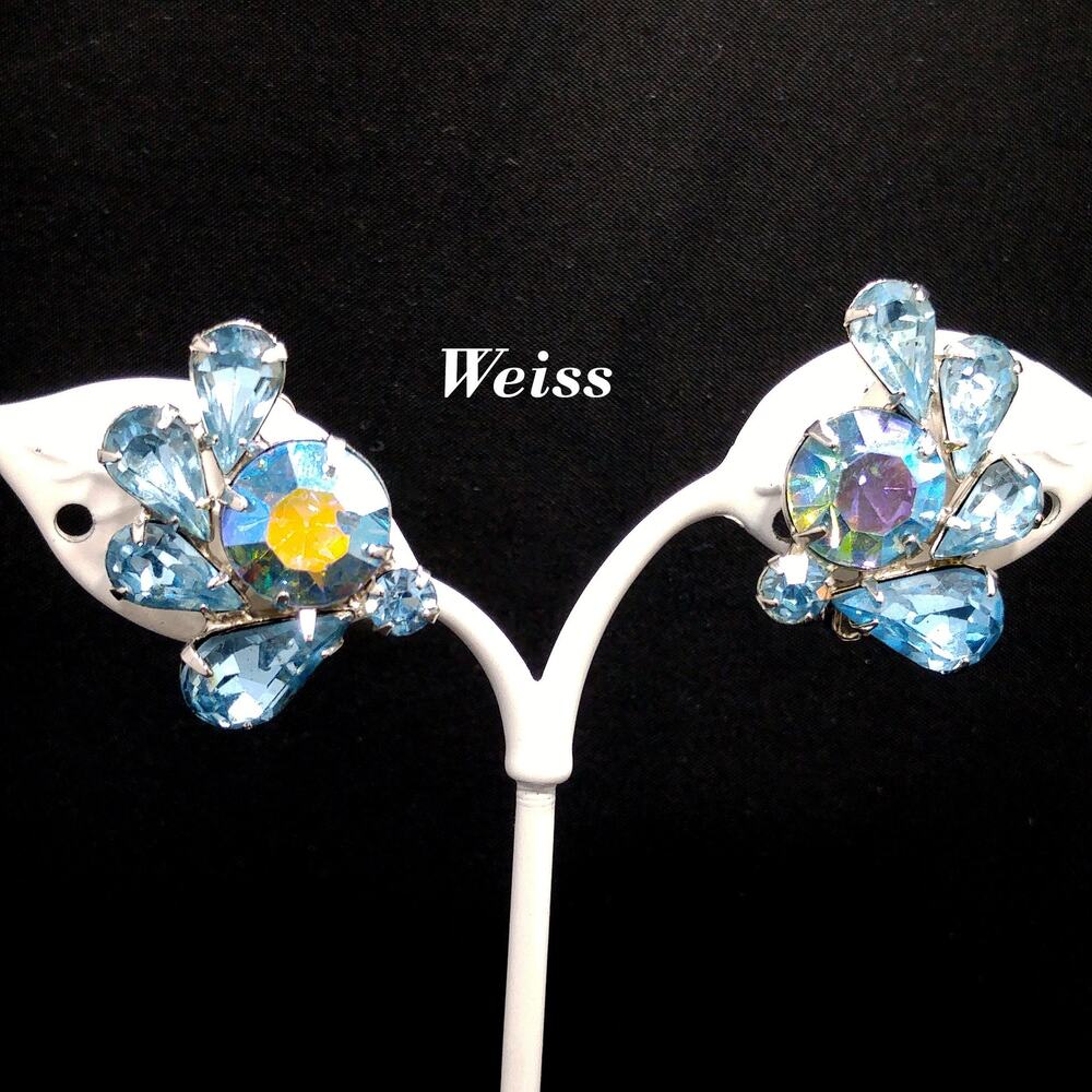Vintage Weiss Blue AB Rhinestone Clip Earrings Rhodium Plated